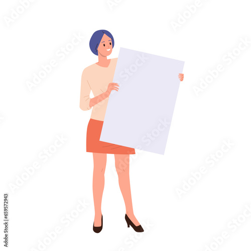 Woman activist teacher or office employee character with placard participating in peaceful picket