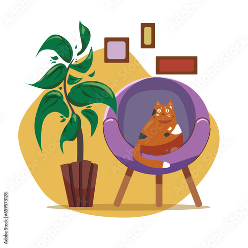 Ginger cat sitting on the couch in the room with flower. Vector illustration