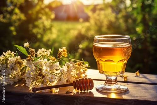 Fotótapéta A beautifully presented glass of golden mead, surrounded by fresh honeycomb and