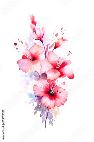 Watercolor illustration of pink flowers on white background.
