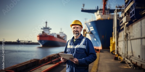 Canvas Print Shipyard worker using a tablet, captured in a portrait on background of ship and