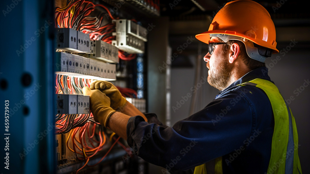 Male adult commercial electrician at work on a fuse box, adorned in safety gear with protective goggles. Construction industry, electrical system. 
 - obrazy, fototapety, plakaty 