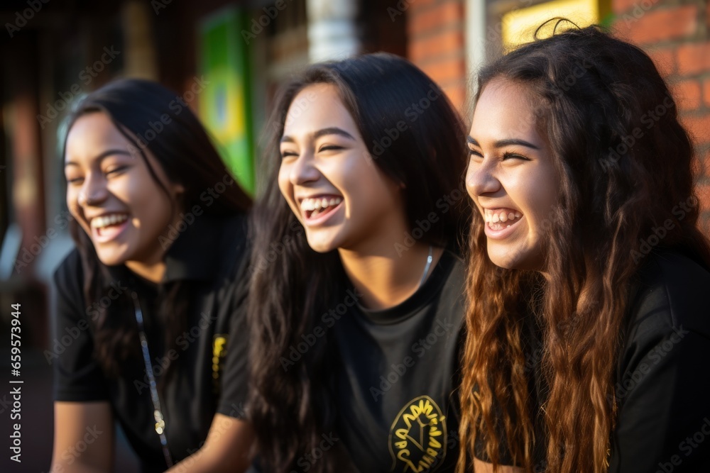 three teenage girls in black laughing together