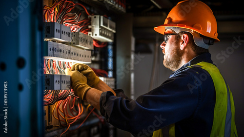 Male adult commercial electrician at work on a fuse box, adorned in safety gear with protective goggles. Construction industry, electrical system. 
 photo
