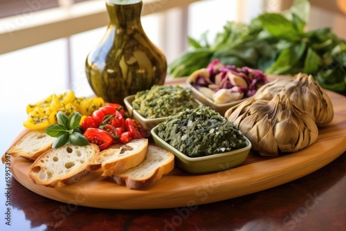 a carved wooden platter holding an array of spinach and artichoke bruschetta