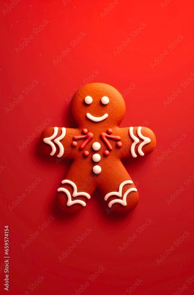 Christams gingerbread man on bright red background, top view. Christams gingerbread man on bright red background, top view.