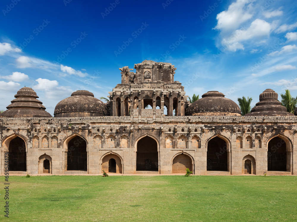 Ancient ruins of Elephant Stables, Royal Centre. Hampi, Karnataka, India. Stitched panorama