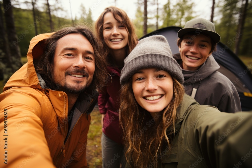 woman taking selfie of family camping in forest