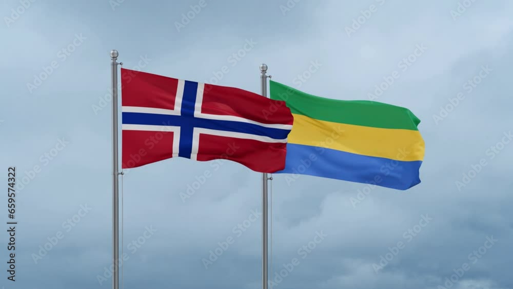 Gabon flag and Norway flag waving together on cloudy sky, endless seamless loop, two country relations concept Gabon flag and Norway flag waving together on cloudy sky, endless seamless loop, two country relations concept