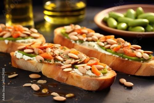 crisp baguette slices topped with olive oil and edamame beans