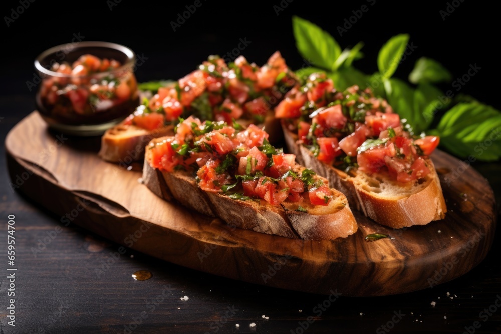 rustic wooden board filled with slices of bruschetta on dark background