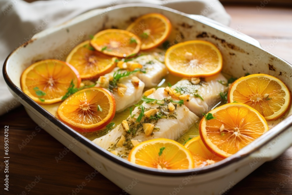marinated fish in a baking dish with citrus slices on top marinated fish in a baking dish with citrus slices on top