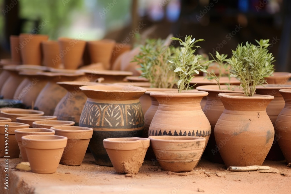 horizontal shot of various sizes of clay pots