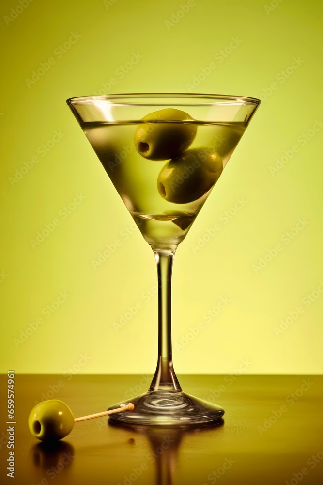 Glass of martini cocktail on olive green background. Alcoholic drink made up of gin and vermouth decorated with olives in a cocktail glass.