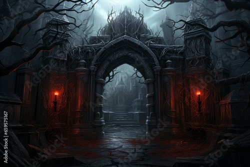 Vampire gate castle arch. Lord stones. Generate Ai