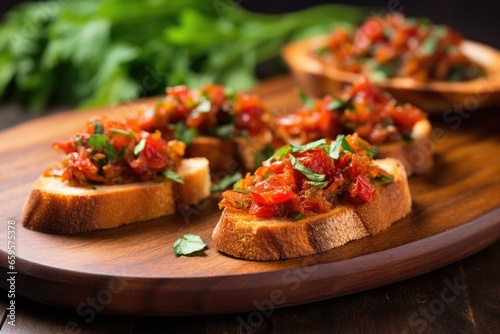 sun-dried tomato bruschetta garnished with parsley on rustic wooden plate