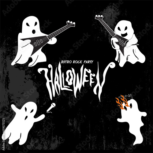 Set of cloth Ghosts Spooky characters. Rock and Roll hand hold guitar style rock in theme Halloween Retro Rock Party.Black and white vector artwork