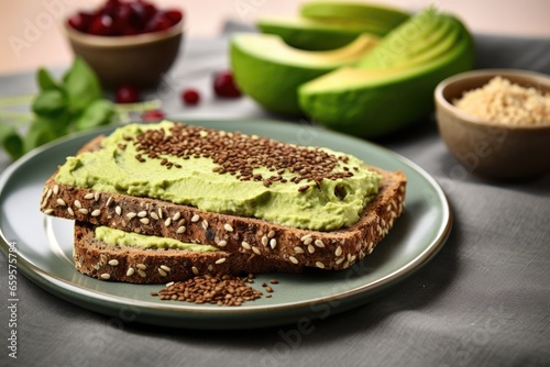 multiseed bread with avocado spread on a ceramic plate photo