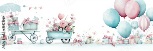Watercolor illustration on a children's theme, baby stroller with flowers and balloons banner, pastel colors