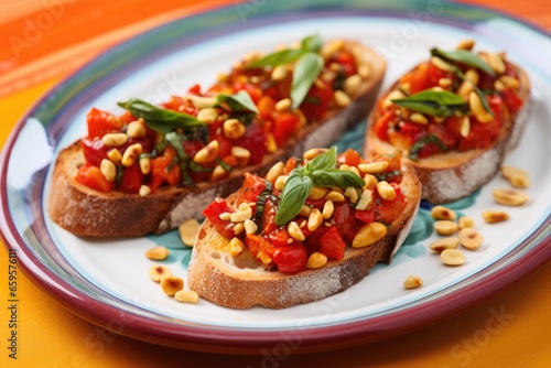 sun-dried tomato bruschetta sprinkled with pine nuts on a colorful dish