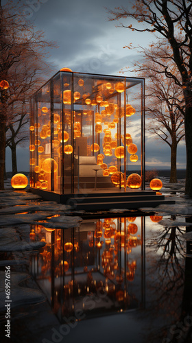 Halloween background with glass villa, pumkins, spooky forest with full moon. AI Generated