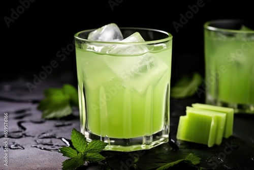 photo of ice cubes in a glass of celery juice