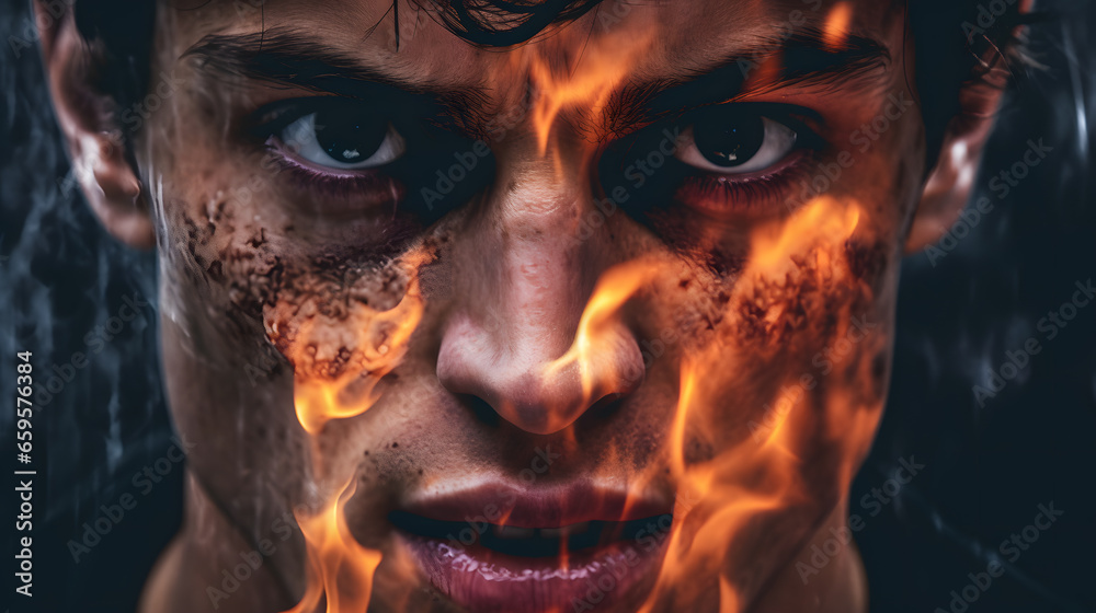 Close-up of a creepy scary men. Halloween. Horror film. portrait boy arab young fire Close-up of a creepy scary men. Halloween. Horror film. portrait boy arab young fire