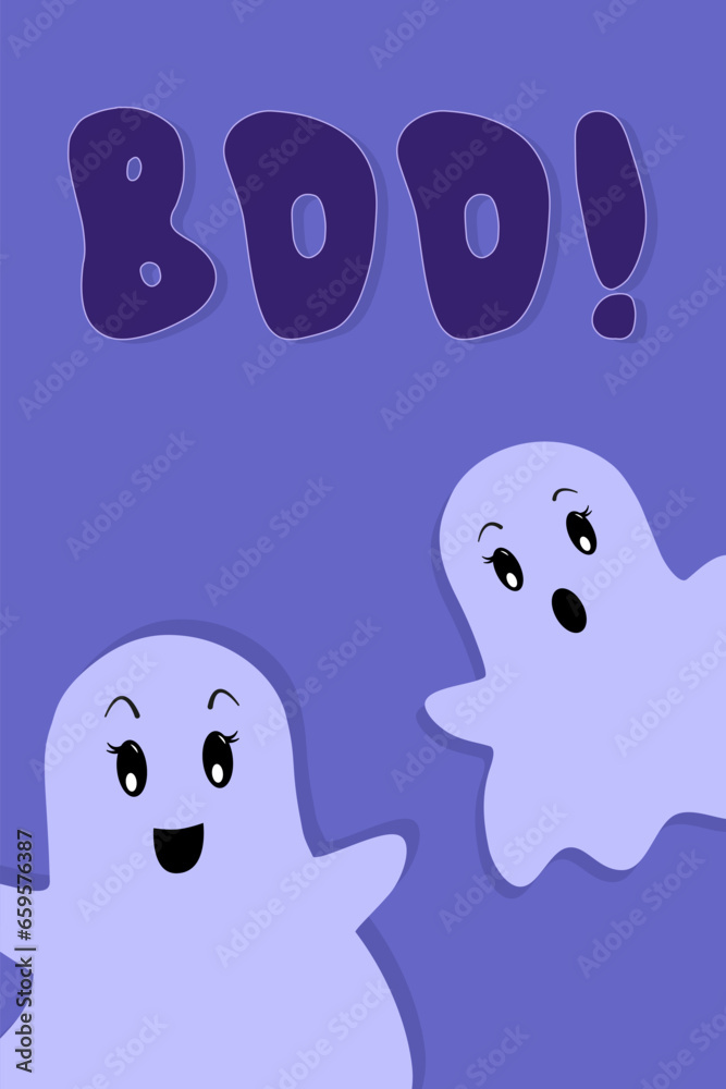 Boo Text and Cute Halloween Ghosts on Blue Background. Vector Poster with Lettering. Greeting Card. Flat Cartoon style Boo Text and Cute Halloween Ghosts on Blue Background. Vector Poster with Lettering. Greeting Card. Flat Cartoon style