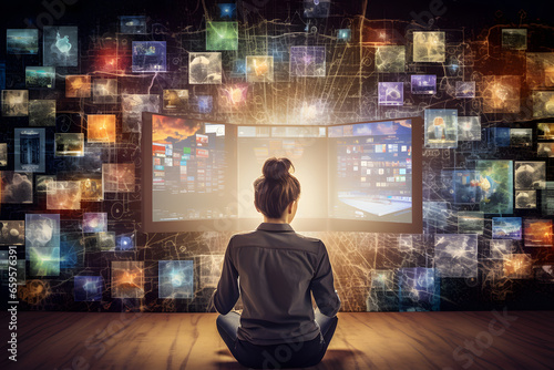 Woman surrounded by big data from streaming services and social media, screens, photos, videos