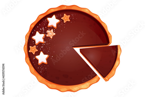 Chocolate cake, pie with cranberries, star shape gingerbread traditional holiday dessert cut slice top view in cartoon style isolated on white background