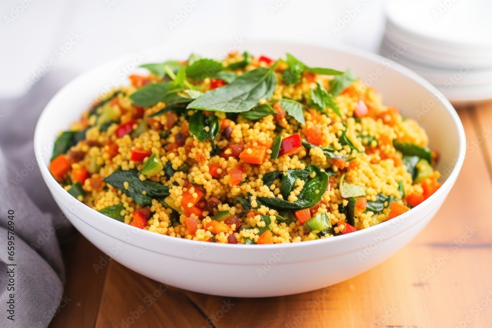spicy couscous salad in a white bowl with paprika dust spicy couscous salad in a white bowl with paprika dust