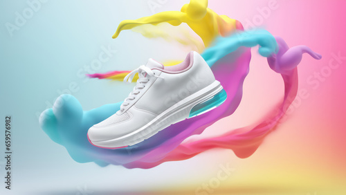 Advertisiment shot, clean new snackers as no brand mockup floating in the air with colored powder on colorful background