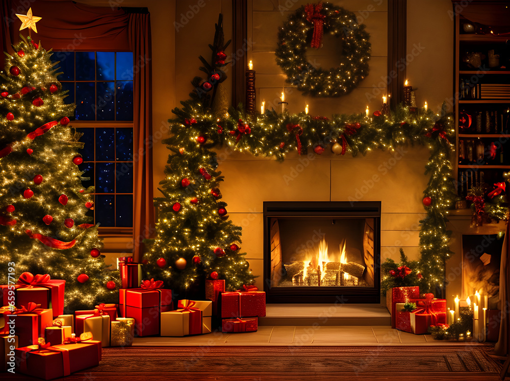 Cozy Christmas fireplace warm lighting cinematic vintage.