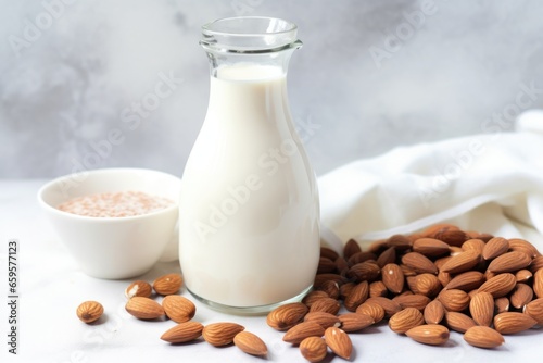 almond milk in a carafe, with whole almonds scattered around