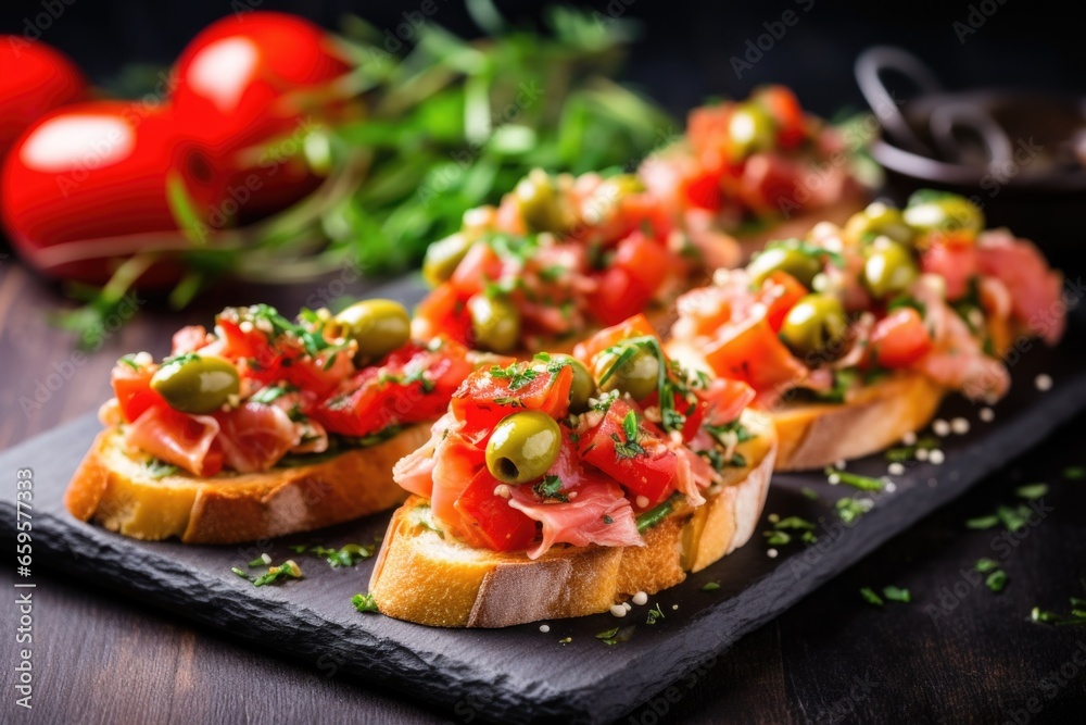 bruschetta with green olives cut in halves on a slate surface