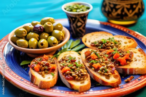 whole olives and chopped olives on bruschetta on a turquoise ceramic plate