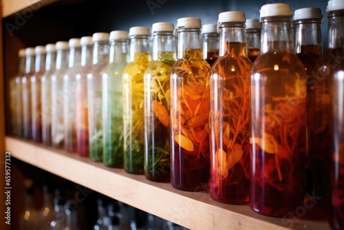 glass bottles of iced herbal tea lined on a shelf