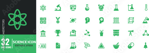  Chemistry lab and Science icons set. Experiments, glassware and molecules. Editable Stroke.