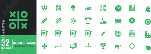 Indoor Games Line icon set Editable Stroke. Puzzle, Card, Ball, Ludo, Billiard, 