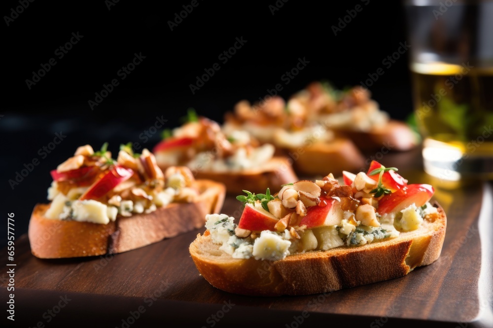 angled shot of bruschettas with apples and gorgonzola on a backlit glass tabletop