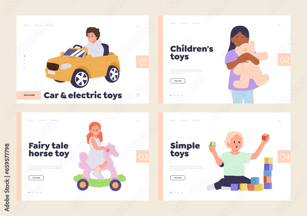 Isolated set of landing page design template offering toys and games for preschool children