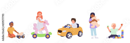 Isolated set of little cute children cartoon character playing with toys enjoying leisure activity
