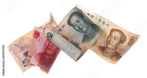 Flying yuan bills pile, rmb Chinese  paper money isolated on white, clipping pat 
 photo