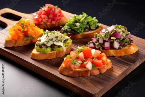 trio of fresh vegetable bruschetta on a slate serving board