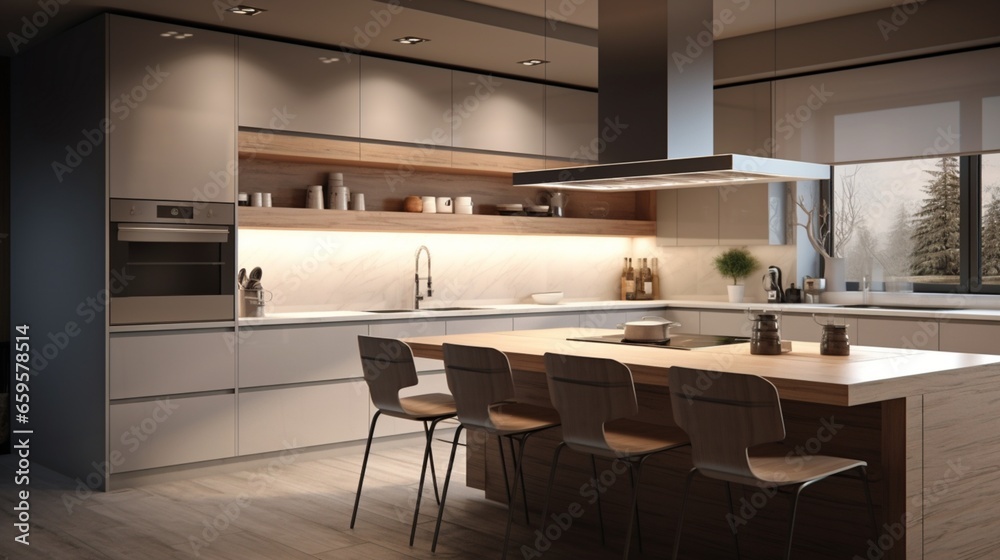 A simplistic kitchen layout featuring a floating range hood and discreetly placed appliances.
