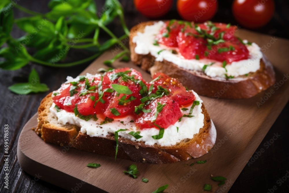 bruschetta with ricotta dusted with dried herbs, close-up view