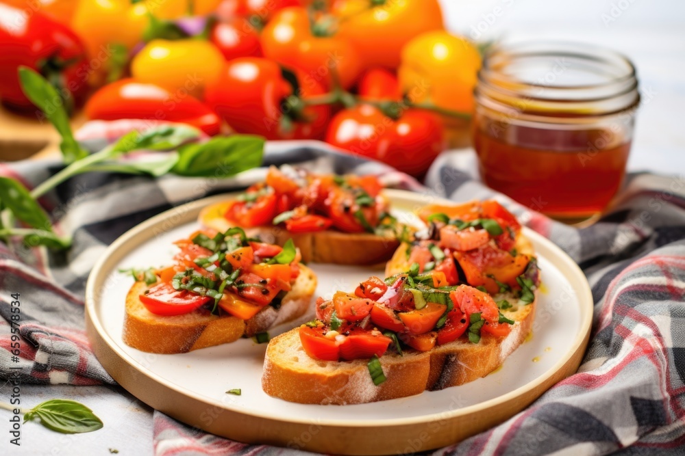wide shot of bruschetta with roasted peppers next to colorful napkin wide shot of bruschetta with roasted peppers next to colorful napkin