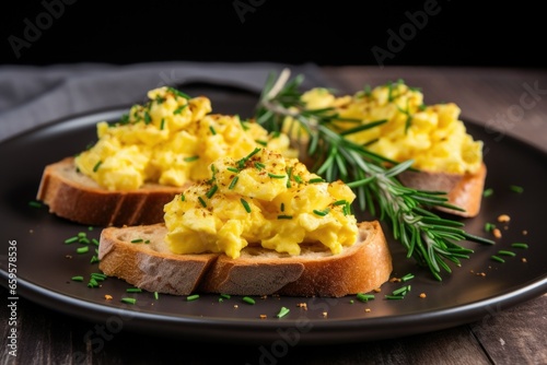 scrambled eggs on toasted bruschetta, topped with rosemary twigs