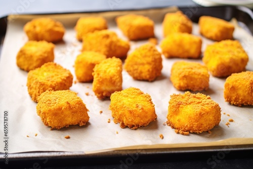 chicken nuggets on a baking tray with parchment paper