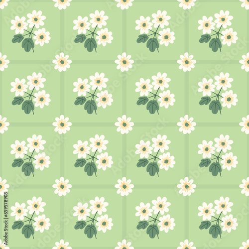 Seamless vector pattern with Appalachian rue anemone wildflowers in a geometric pattern on a light green background. Sweet botanical illustration perfect for fabric, accessories, gift wrap, wallpaper.